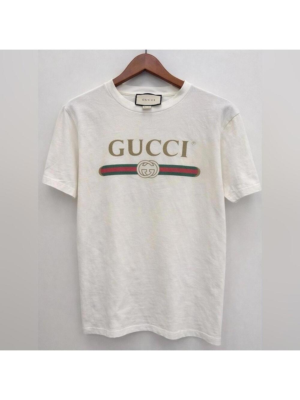 Unisex Oversized Gucci White Logo Flower Embroidered Distressed Tee